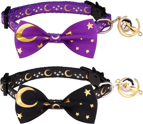 Miniatura 9 de 2 collares de gato con pajarita y campana, luna dorada y estrella brillante en la oscuridad para gatito (negro y rosa)