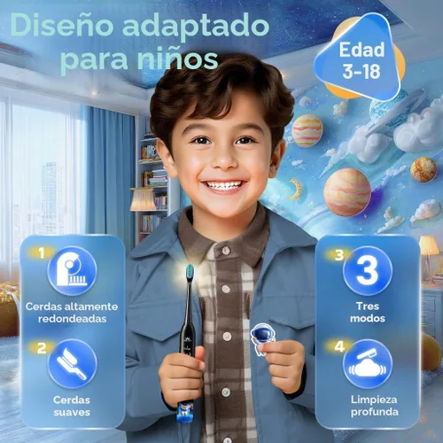 Miniatura 2 de Cepillo de dientes eléctrico recargable para niños de 3-5-6-12-18 años, cepillo de dientes sónico para niños con temporizador, 3 modos, 4 cabezales