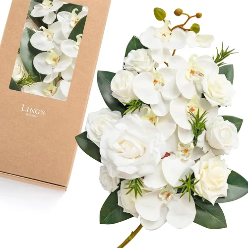 Miniatura 45 de Ling's moment Caja de Flores Falsas, Tallos de Vegetación Artificial Falsa Rosas de Espuma Dalias de Seda Hojas de Rosa Flor de Tela para Centros