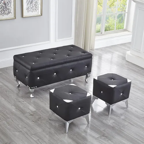 Miniatura 4 de DRM'SCUUM Juego de banco otomano de almacenamiento grande de piel sintética, taburetes para sala de estar, dormitorio, con 2 otomanas tapizadas