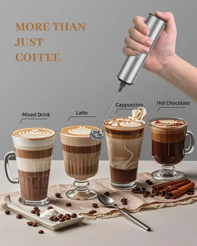 Miniatura 3 de INFOOD Espumador de leche recargable con tapa, varita espumadora de café, mezclador de bebidas de mano con 2 batidores desmontables de acero
