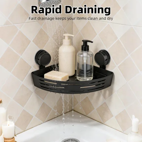 Miniatura 8 de Estante esquinero de ducha con ventosa, estante de almacenamiento de baño sin perforaciones, organizador de esquinas adhesivo con barra de toalla