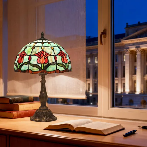 Miniatura 8 de Lámpara de mesa con tulipanes de vitrales, luz de lectura estilo Tiffany, 12 x 12 x 19 pulgadas, lámpara de escritorio de vidrio antiguo