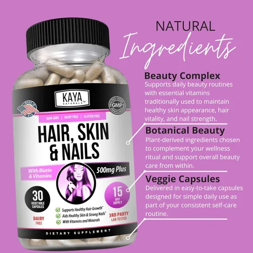 Miniatura 5 de Kaya Naturals Cápsulas de uñas para el cabello y la piel con biotina, vitaminas para el cabello y la piel, vitamina D, vitamina B-12 A, soporte