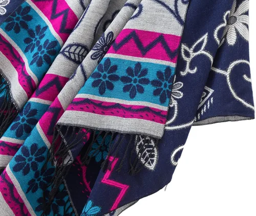 Miniatura 3 de Poncho con flecos, con estampado vintage, estilo retro, a la moda, para mujer. Capa, chal.