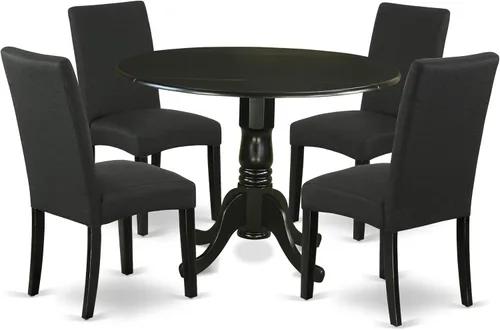 East West Furniture DLDR5-BLK-24 - Juego de mesa de comedor moderno de 5 piezas, incluye una mesa redonda de madera con gotas y 4 sillas tapizadas