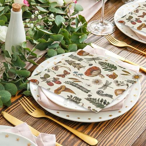 Miniatura 6 de AnyDesign 80 servilletas de papel de hongos vintage desechables con plantas de hongos, servilletas de almuerzo, estilo retro, postre, cena