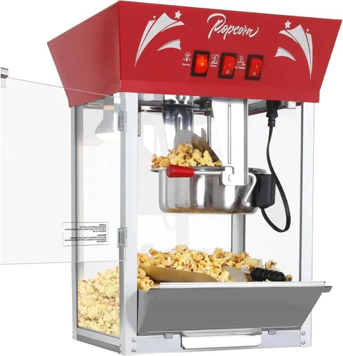 Miniatura 8 de Máquina comercial de palomitas de maíz con carrito y hervidor de 20 onzas, máquina vintage de palomitas de maíz de 1440 W sobre ruedas con vidrio