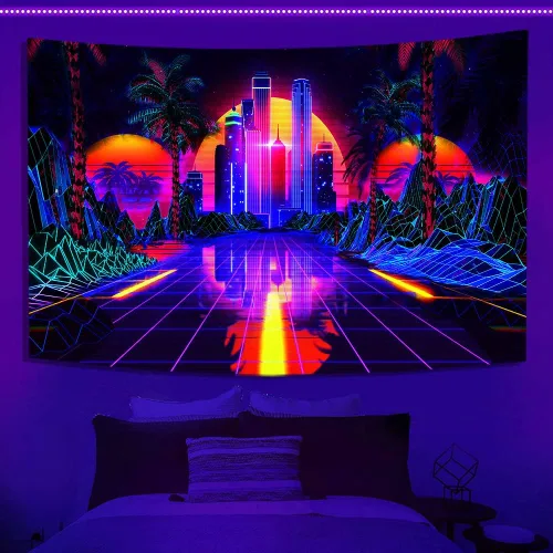 Miniatura 9 de TPMDFC Tapiz punk urbano con luz negra, reactivo a los rayos UV, decoración futurista japonesa de ciudad futurista, tamaño pequeño, 40 pulgadas, 30