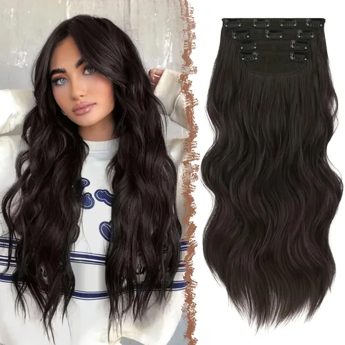 Miniatura 9 de FESHFEN Extensiones de cabello con clip - 4 piezas Extensiones de cabello sintético ondulado largo y grueso con clip para cabeza completa