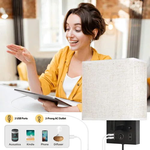 Miniatura 2 de CADUKE Juego de 2 lámparas de pared para mesita de noche, aplique de pared enchufable con puerto de carga USB y salida de CA, lámpara de pared Negro