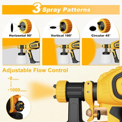 Miniatura 4 de VONFORN Pulverizador de pintura, pistola de pulverización HVLP de 700 W con juntas de limpieza y soplado, 4 boquillas y 3 patrones, fácil de Amarillo