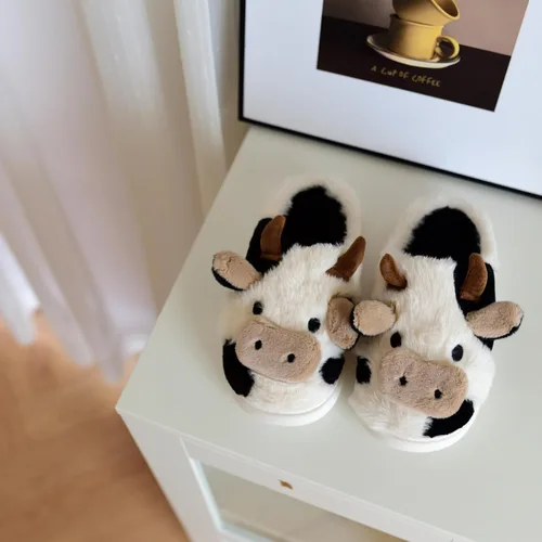 Miniatura 5 de Pantuflas de vaca, pantuflas para mujeres y hombres, bonitas pantuflas mullidas, pantuflas kawaii de dibujos animados de algodón de felpa