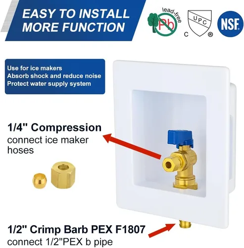 Miniatura 2 de EFIELD Caja de salida para máquina de hielo premium, entrada Pex de crimpado de 1/2 pulgada con válvula de bola de 1/4 vuelta instalada (Pex Crimp)