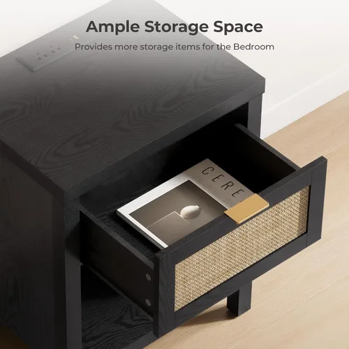 Miniatura 5 de SICOTAS Juego de 2 mesitas de noche negras con estación de carga, mesita de noche de ratán con cajón, moderna mesita de noche con puertos USB y tipo