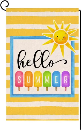 Bandera de jardín de playa con texto en inglés «Hello Summer» de 12 x 18 pulgadas, vertical, de doble cara, paleta colorida, decoración exterior de