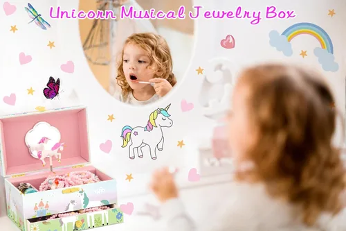 Miniatura 43 de RR ROUND RICH DESIGN - Joyero musical para niñas con cajón y juego de joyas con tema de bailarina, melodía de “El lago de los cisnes”, color rosado