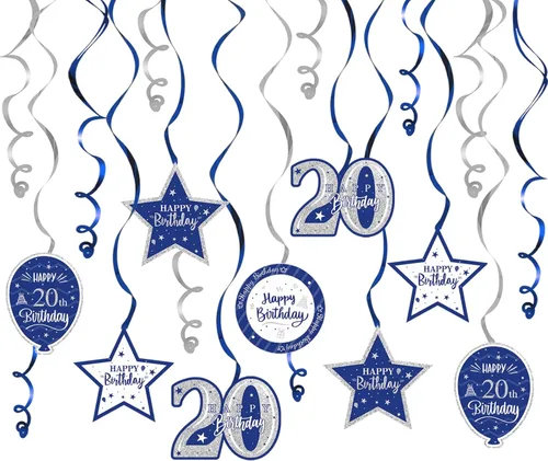 Miniatura 37 de Decoración de fiesta de serpentinas con purpurina azul y plateada de feliz 11º cumpleaños, 15 piezas de remolinos colgantes de 11 cumpleaños, cartel
