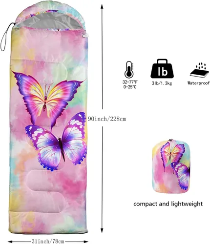 Miniatura 3 de CVHOUSE Saco de dormir de mariposa para campamento, 3 estaciones, clima cálido y fresco, ligero, saco de dormir impermeable para adultos y niños