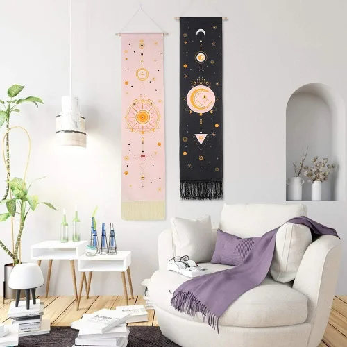 Miniatura 3 de Ochine Paquete de 2 tapices de fase lunar para colgar en la pared, tapices bohemios, fases blancas y negras, decoración del hogar para sala de estar
