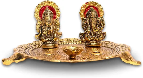 Aluminio chapado en color dorado de Ídolo Laxmi Ganesha con plato para Puja Diwali, artículos de regalo Deepawali, decoraciones hindú, estatua Thali