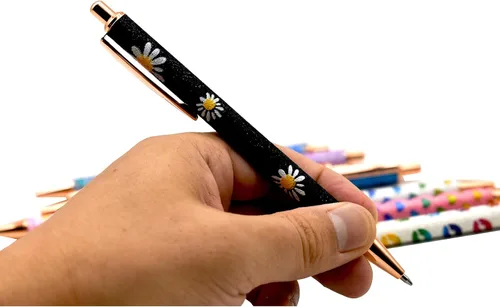 Miniatura 6 de 9 bolígrafos de corazón con purpurina brillante, de metal, margaritas, bolígrafos retráctiles, con estampado de labios, para bodas, mujeres, damas