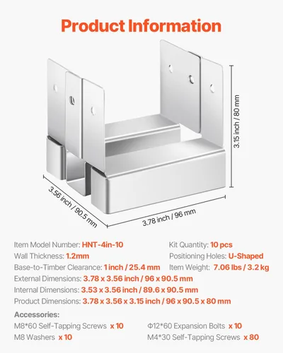 Miniatura 7 de VEVOR Base de poste de 4 x 4, 10 unidades, tamaño interior de 3.53 x 3.56 pulgadas, anclaje de poste de hormigón de 3.528 x 3.563 in, soportes