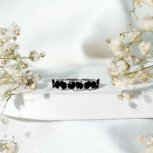 Miniatura 14 de Anillo de banda de media eternidad con diamantes de ónix negro certificado, calidad AAA, anillo de piedra natal de diciembre (listo para regalar)