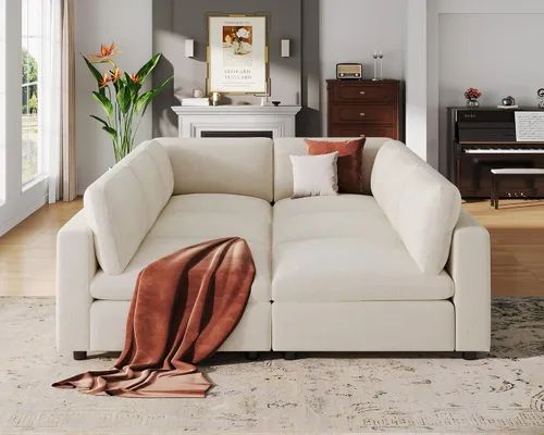 Miniatura 30 de VANOMi Sofá modular, cómodo sofá con marco de madera maciza de 3 asientos, sofá moderno certificado FSC para sala de estar, beige