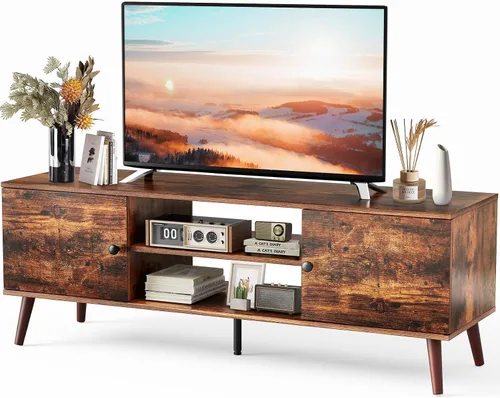 Miniatura 8 de Sweetcrispy Soporte de TV para TV de 55 y 60 pulgadas, moderno centro de entretenimiento de mediados de siglo con almacenamiento, mesa consola