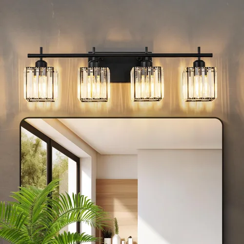 Miniatura 11 de Modernas luces de tocador de baño de cristal sobre el espejo, accesorios de iluminación de baño negro mate de 3 luces, accesorios de iluminación
