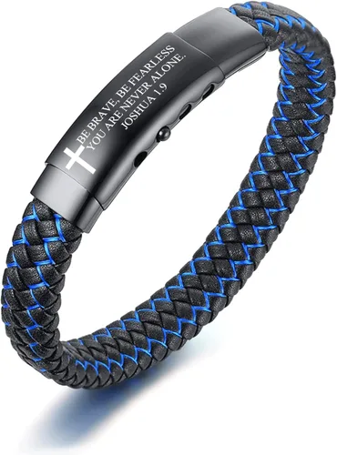 VNOX - Brazalete ajustable de cuero trenzado azul hecho a mano con mantra inspirador para hombre, pulsera de estímulo, regalo motivacional para