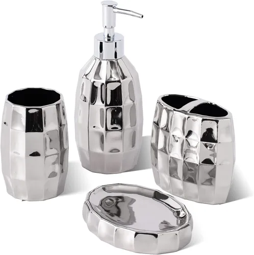 Juego de accesorios de baño plateados, juego de accesorios de baño de cerámica de mosaico incluye dispensador de loción, vaso de soporte para Plata