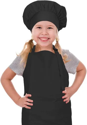 Juego de delantal y gorro de chef para niños, delantales ajustables de algodón con bolsillo grande, delantales negros para niñas y niños, delantales