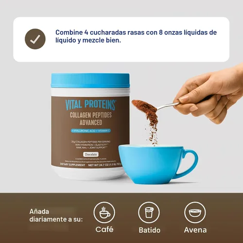 Miniatura 6 de Vital Proteins Péptidos de colágeno avanzados, péptidos hidrolizados con ácido hialurónico y vitamina C - Polvo sabor chocolate, 24.7 onzas