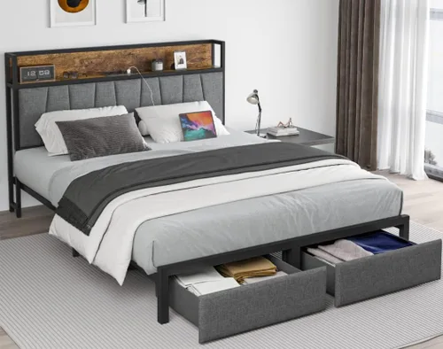 Miniatura 7 de Cikunasi Base de cama tamaño Queen con cabecero y almacenamiento, base de cama con plataforma de cajones con estación de carga y luz LED, Gris