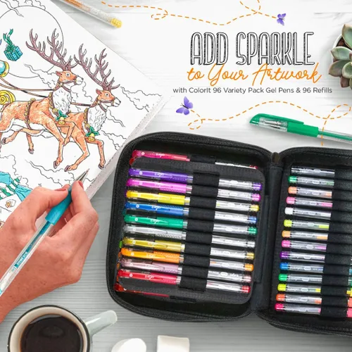 Miniatura 5 de ColorIt Juego de bolígrafos de gel para colorear, paquete de 192 con 12 bolígrafos metálicos, 12 neón, 72 bolígrafos de gel con purpurina, 96
