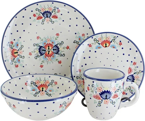 Miniatura 5 de Cerámica polaca Blue Rose - Victoria - Juego de vajilla de 16 piezas color blanco roto - 4 ajustes de lugar - Ideal para cenas diarias, comidas