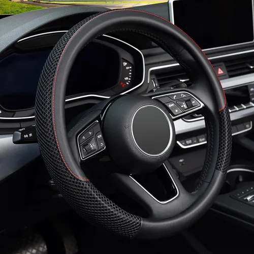 KAFEEK Funda para volante de 14 pulgadas, compatible con Prius Civic de 14 a 14.25 pulgadas, tamaño pequeño, cuero de microfibra negra y seda