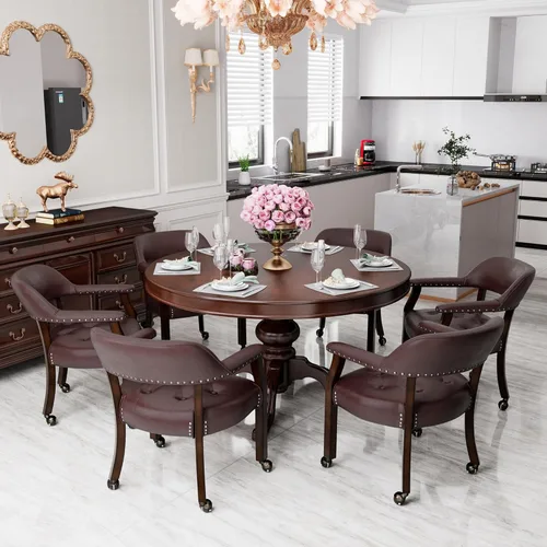 Miniatura 81 de Juego de 8 sillas de cuero de comedor con ruedas y brazos, silla de capitán Accent con ruedas, sillas de madera con ruedas enrollables para cocina