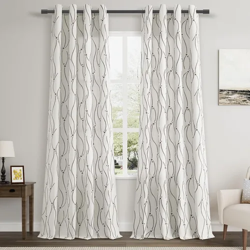 Miniatura 28 de Joywell Cortinas jacquard con ojales para sala de estar, 108 pulgadas de largo, línea ondulada negra con patrón de puntos, cortinas bordadas