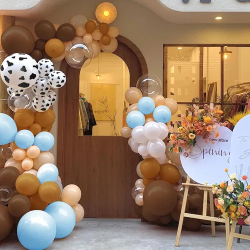 Miniatura 7 de Kit de arco de guirnalda de globos de vaca de 150 piezas, diseño de vaquera, azul, blanco, marrón, estampado de vaca, globos de animales de granja