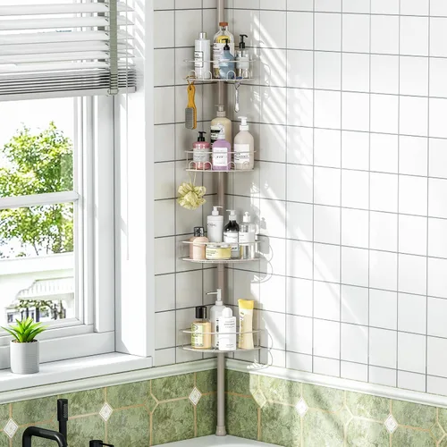 Miniatura 9 de Poste de tensión de esquina para ducha, estantes organizadores de baño ajustables de 4 niveles, almacenamiento interior de ducha con gancho oculto