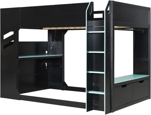 Miniatura 8 de Cama tipo loft de tamaño matrimonial con escritorio ajustable en altura y litera superior y caja de almacenamiento LED, marco de madera con barra