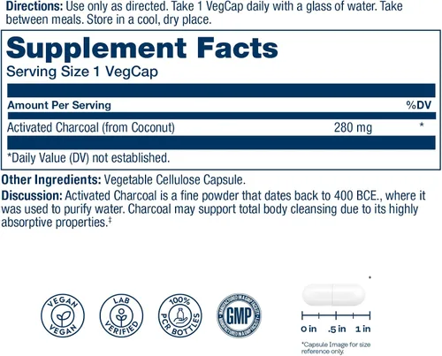 Miniatura 2 de SOLARAY Suplemento de carbón activado, 280 mg por porción, fuente de coco, para hombres y mujeres, limpieza interior y apoyo del tracto digestivo