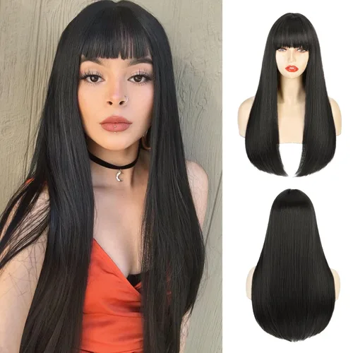 Miniatura 11 de Pelucas castañas para mujer, peluca larga y recta con flequillo, color marrón rojizo, cosplay, resistente al calor, peluca sintética de cobre rojo