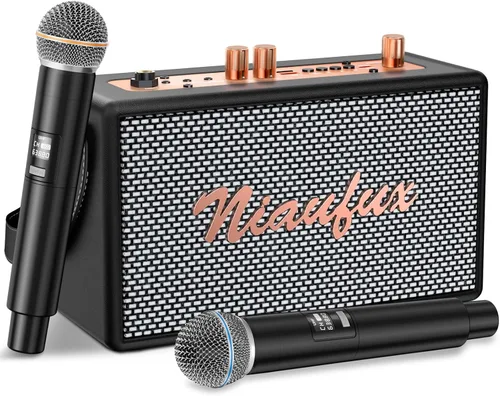 Máquina de karaoke, altavoz de diseño retro con 2 micrófonos inalámbricos para adultos y niños, sistema de karaoke portátil para fiesta en casa,