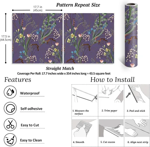 Miniatura 8 de VEELIKE Papel tapiz floral de flores silvestres secas, despegar y pegar para dormitorio, habitación de niñas, 17.7 x 354 pulgadas, autoadhesivo