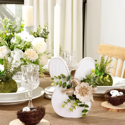 Miniatura 3 de Decoraciones de Pascua para el hogar: Rústica Antigua Conejito de Madera Feliz Pascua Mesa, Conejo Blanco de Granja con Flores Conejo de Madera