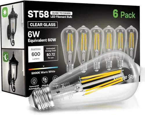Miniatura 18 de Bombillas del amanecer al anochecer, 6 W equivalente a 60 W, blanco suave 2700 K, base E26, detección de luz, estilo vintage ST58, 600 lm, bombillas